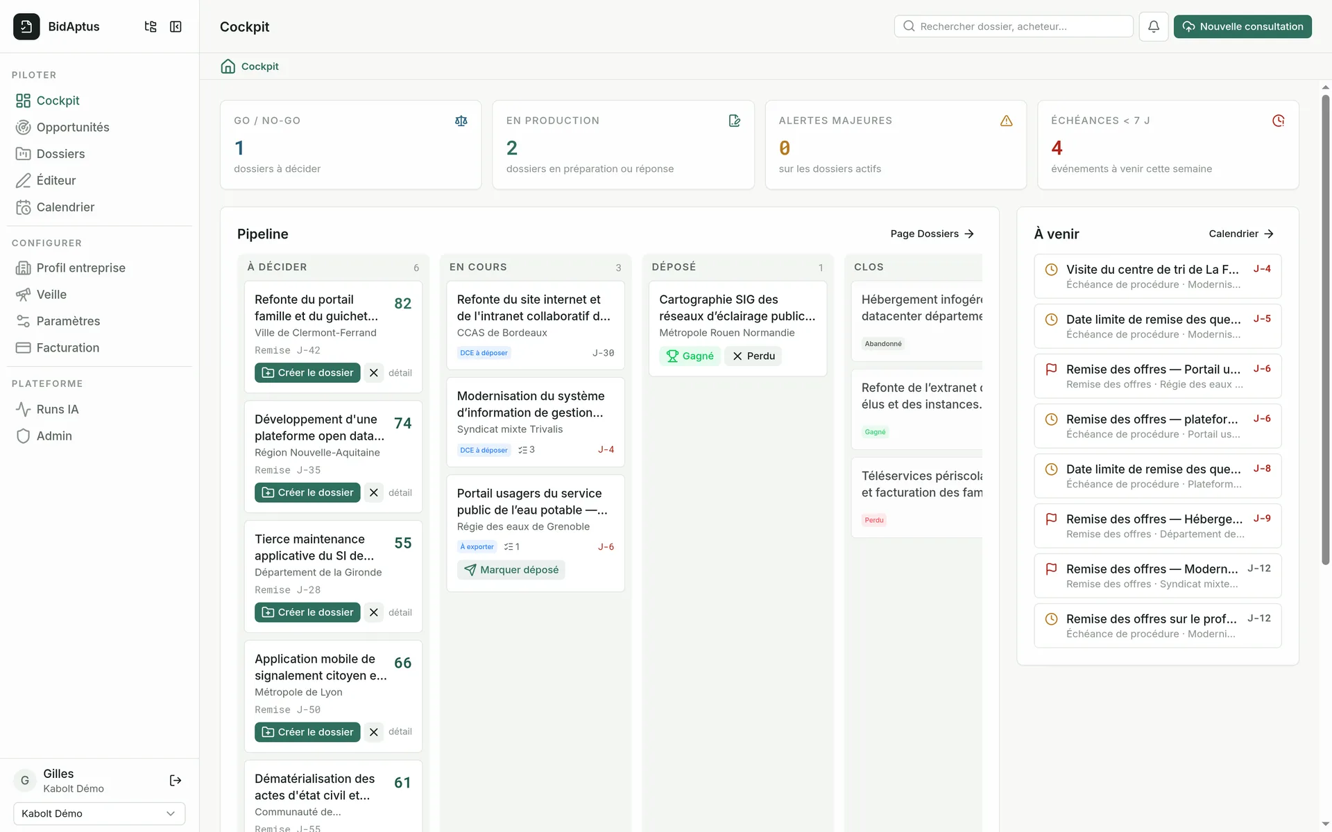 Le cockpit aoflow : indicateurs, pipeline des dossiers et échéances à venir