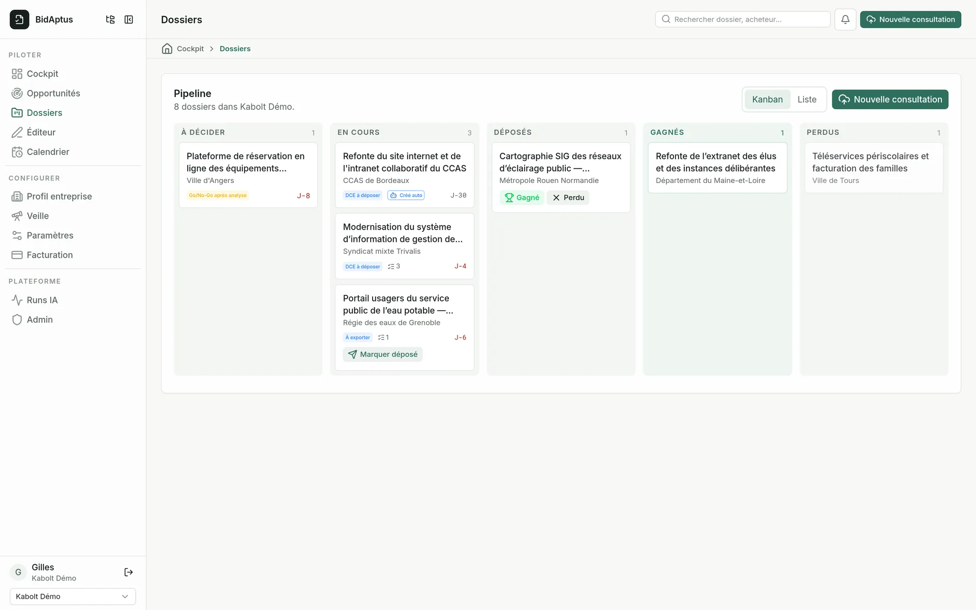 Le kanban des dossiers : colonnes à décider, en cours, déposés, gagnés, perdus